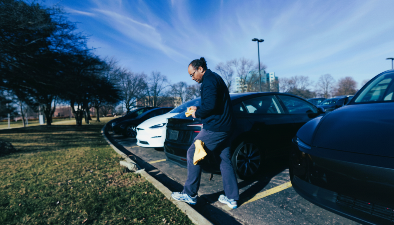 Robotaxi & FSD Custodian wiping down a self-driving taxi in a car park